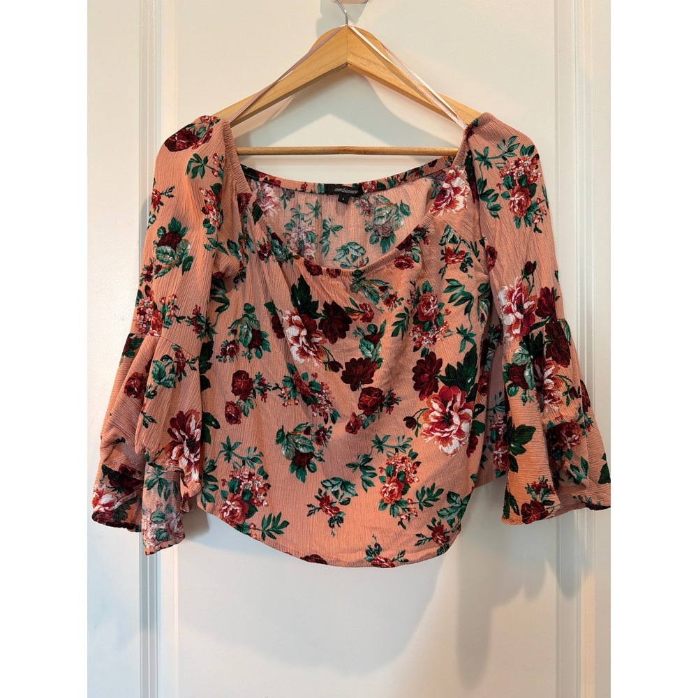 Ambiance Floral Off Shoulder Bell Sleeve Crop Top Peach Pink Large